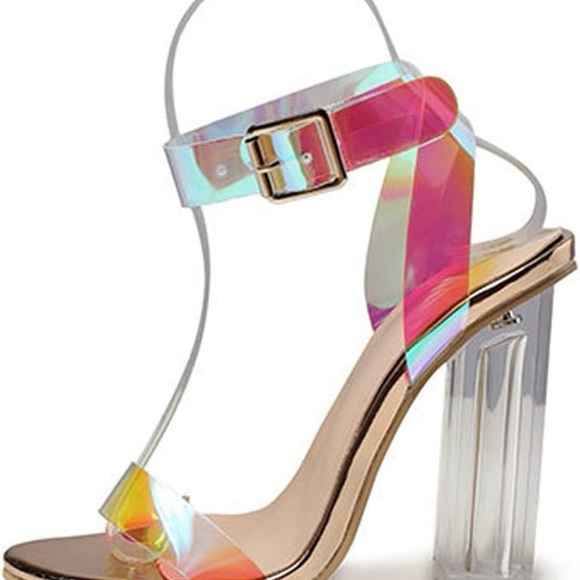 Cape Robbin Iridescent Strappy Heels with Clear Block Heel - Picture 1 of 4